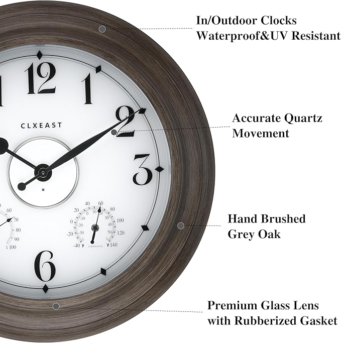 CLXEAST 24 Inch LED Illuminated Outdoor Clocks Waterproof with Thermometer & Hygrometer, Large Lighted Metal Wall Clock with Smart Night Light Sensor,Grey Oak Finish,House Warming Gifts New Home