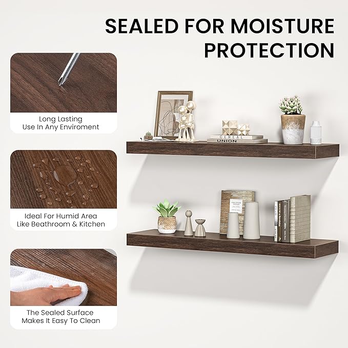 Floating Shelves for Wall, 40" W x 8" D x 1.5" H, Wooden Wall Mounted Display Shelves with Invisible Brackets for Living Room, Bedroom, Bathroom, Kitchen Decor and Storage, Set of 2, Walnut