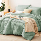 CozyLux King Size Comforter Set Sage Green Seersucker 7 Pieces Bed in a Bag King Comforter Set with Sheets, Luxury Bedding Set with Down Alternative Comforter, Sheets, Pillowcases & Shams All Seasonss