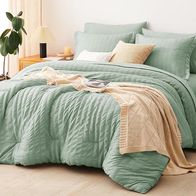 CozyLux Full Size Comforter Sets with Sheets Seersucker 7 Pieces Sage Green Bed in a Bag Textured Luxury Soft Bedding Set with Down Alternative Comforter, Sheets, Pillowcases & Shams for All Seasons