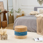 Wimarsbon 18'' Ottoman Pouf, Natural Braided Poof, Rustic Handweave Lounge Pouffe, Boho Footrest Stool for Bedroom, Accent Table for Living Room (18inch Natural Cattail + Blue Corn Husk)