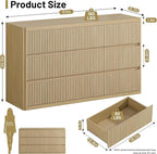 Fluted 9 Drawers Dresser, 57" Wide Dresser for Bedroom, Modern Chest of Drawers with Curved Profile, Handleless, Wood Large Dressers TV Stand with Organizer Storage, Living Room, Natural