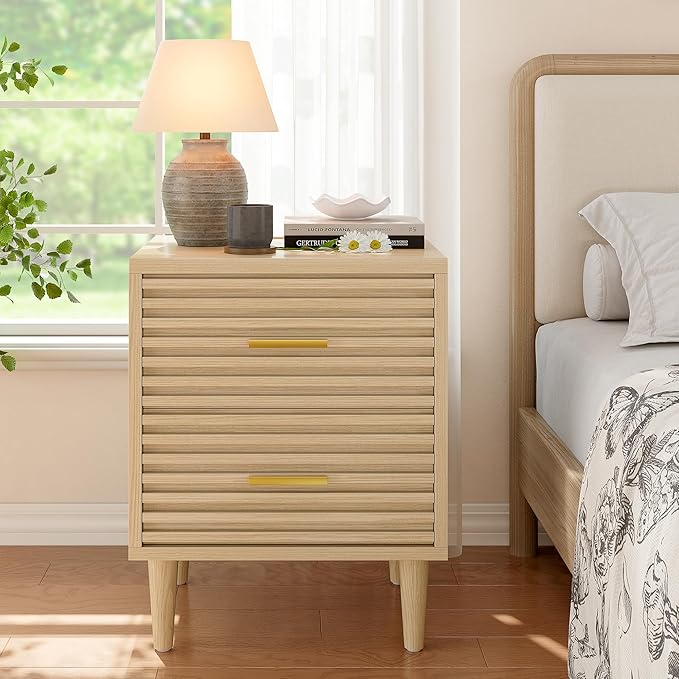 Alohappy Nightstand, Bedside Table for Bedroom, End Table with 2 Drawers, Mid Century Modern Side Table with Storage Bed Side Table Vintage Furniture Wood Accent Table for Living Room, Oak 1pc