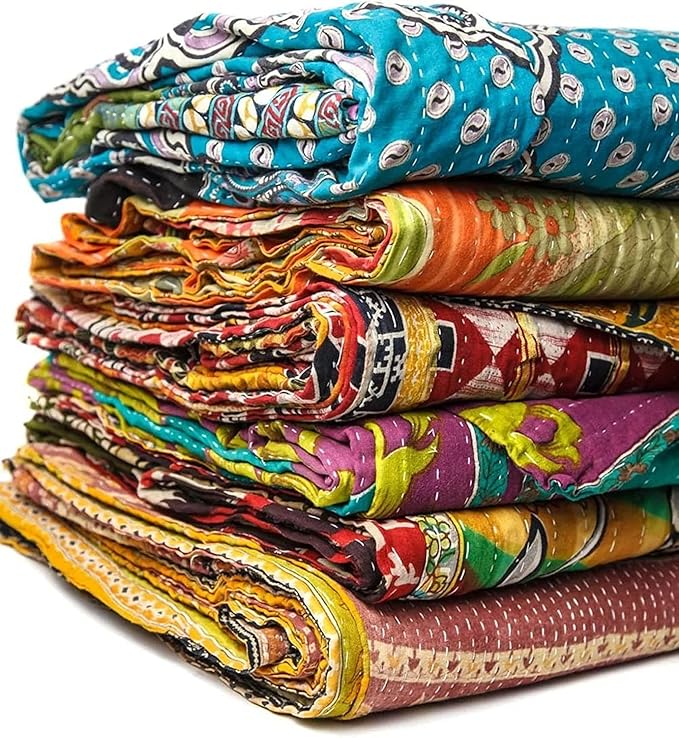 Shri Radhey Empire Indian Vintage Kantha Quilt Handmade Throw Reversible Blanket Bedding Cotton Fabric Bohemian Assorted Quilt 85X55 Inch 1 Pcs Lot