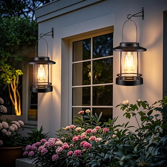 Hanging Solar Lanterns Outdoor Waterproof – 2 Pack Decorative Solar Lights for Outside, Patio, Porch, Yard, Balcony, Table – Hanging Outdoor Lantern Garden Gifts for Women,Mom