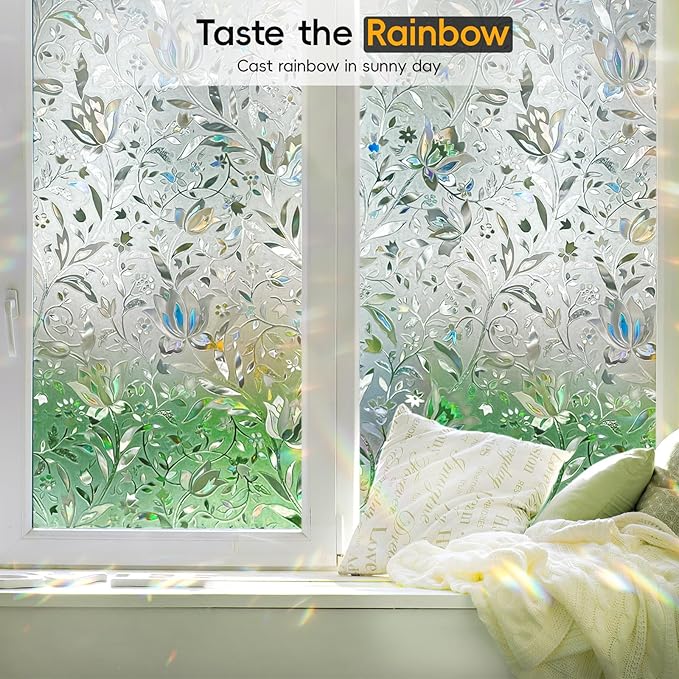 Rainbow Window Privacy Film Decorative, Stained Glass Window Tint for Home, 3D Decals Window Clings for Glass Windows, Static Cling Window Sticker, Suncatcher Window Cover,17.5" by 157.4"