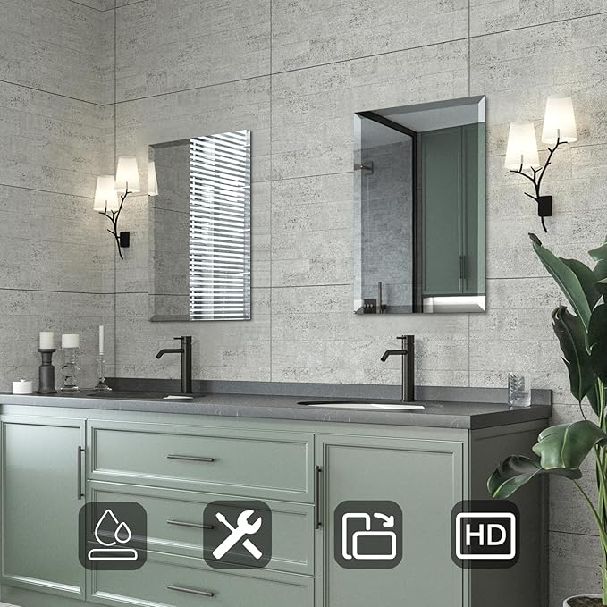 Mirrorons Beveled Mirror, Bathroom Mirrors for Wall 18" x 24", Frameless Rectangle Bathroom Mirror with Beveled Edge, Hangs Horizontally or Vertically, Tempered Glass Upgraded Packing
