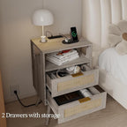 Rattan Nightstand with Charging Station,Farmhouse Bedside Table with 2 Storage Drawer and Open Wood Shelf, for Bedroom and Small Spaces,Night Stand with Solid Wood Legs (Grey Oak-Outlet)