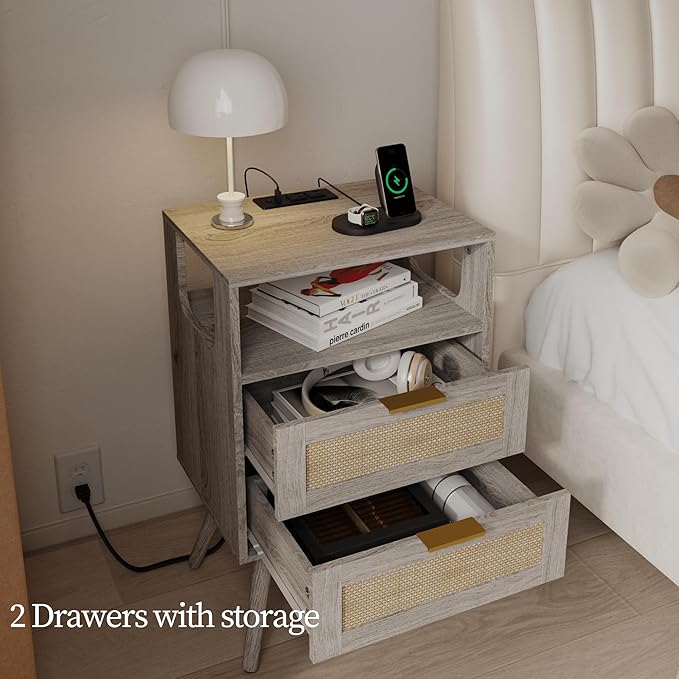 Rattan Nightstand with Charging Station,Farmhouse Bedside Table with 2 Storage Drawer and Open Wood Shelf, for Bedroom and Small Spaces,Night Stand with Solid Wood Legs (Grey Oak-Outlet)