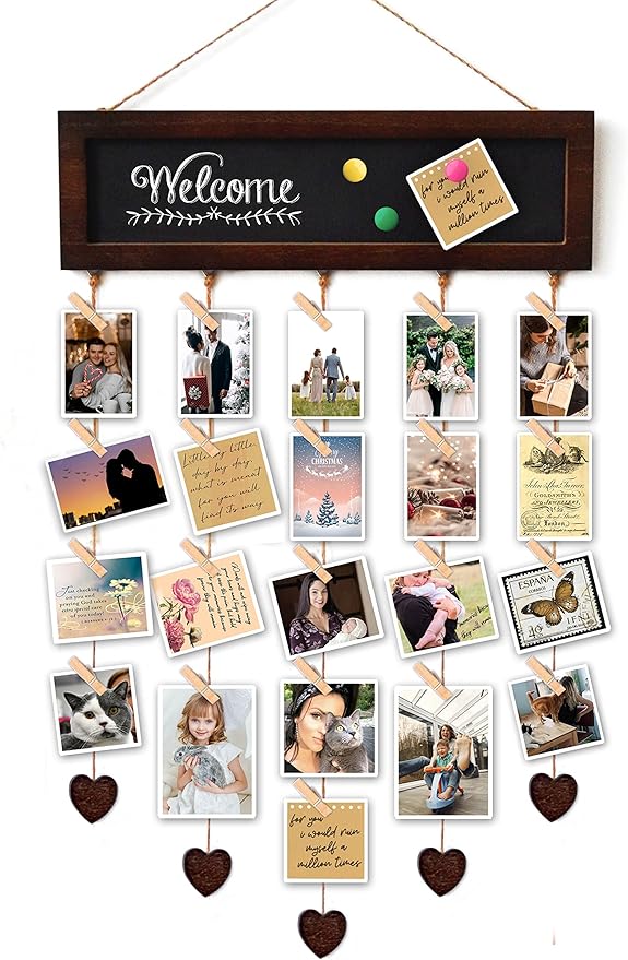 Picture Frames Collage Display Board with 30 Clips - Multi Photos Cards Organizer with Adjustable Twines and Magnetic Blackboard - DIY Wall Decor Hanging Picture Holder 15.7x5 Inches