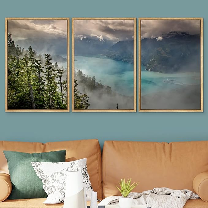 SIGNWIN 3 Piece Framed Canvas Wall Art Foggy Mountains Canvas Prints Home Artwork Decoration for Living Room,Bedroom - 16"x24"x3 Natural