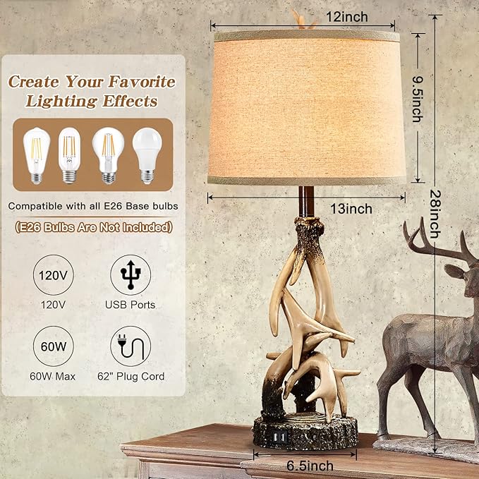 28" Farmhouse Table Lamp for Living Room, Western Rustic Lamp with USB Charging Ports Country Cabin Bedside Antler Lamps for Bedroom Foyer Office Vintage Rotary Control Single Brown- Bulb Not Included