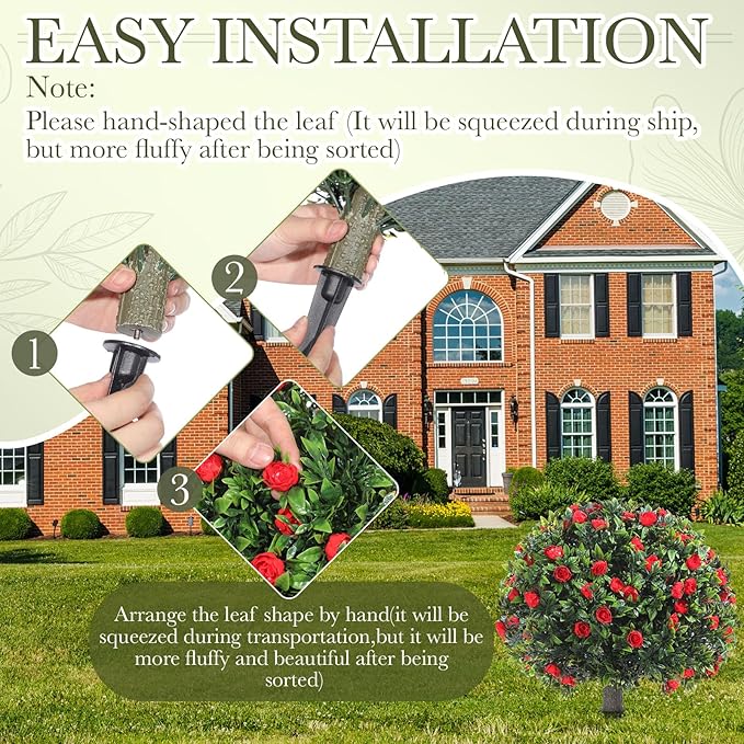 Yunlly Set of 2 Artificial Boxwood Topiary Ball Tree Fake Bushes Shrubs Outdoor Faux Plant with Ground Spike Flowers UV Resistance Greenery for Front Porch Garden Patio Indoor(Red,18x10inch)