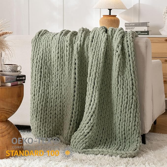 Chunky Knit Blanket Throw, 100% Hand Knit Throw Blanket Handmade Chenille Cable Knit Throw for Couch, Stylish Cozy Soft Rope Knot Crochet Blanket for Home Decor, Sage Green, 60x80 Inches