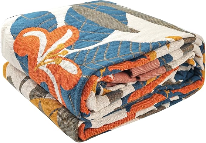 Boho Throw Blanket for Bed - 100% Pure Cotton Ultra Soft Rustic Quilt - Farmhouse Decor Bed Blankets, All Season Rustic Throw for Sofa Couch Chair(91''x 98'', Floral Sea)