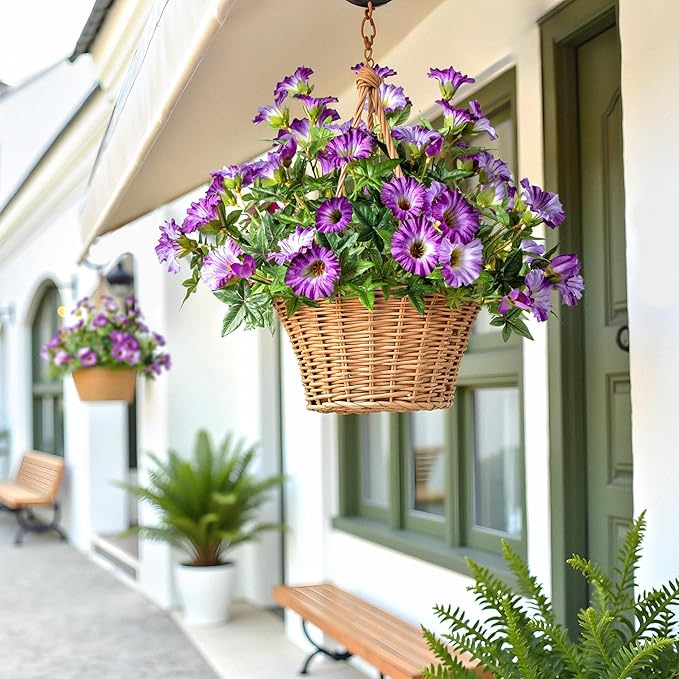 UV Resistant Artificial Petunias 13.3In Fake Flowers 4PCS Artificial Flowers for Outdoors Silk Flowers Fake Hanging Basket Plants Suitable for Outdoor Porch Decor Patio Decor, Light Purple