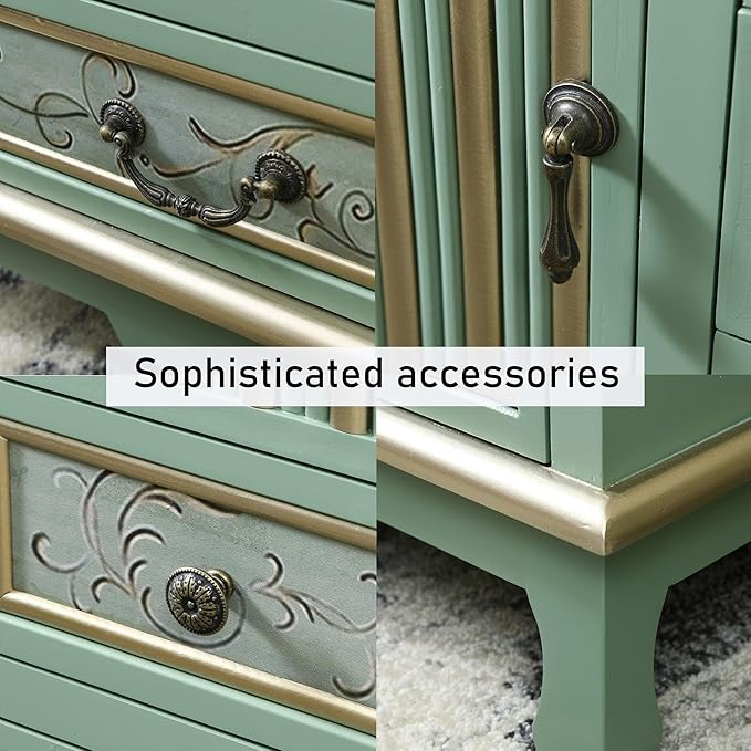Vintage Accent Chest with 5-Drawers and Door Carved Wood Storage Cabinet Modern Dresser for Living Room, Entryway, Hallway, Sage Green