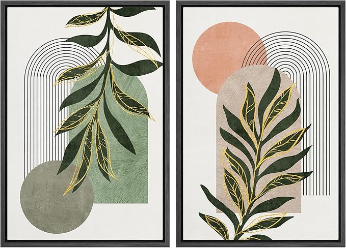 SIGNFORD Framed Canvas Print Wall Art Set Jungle Palm Leaf Geometric Polygons Abstract Shapes Illustration Modern Art Decorative Nordic Nature for Living Room, Bedroom, Office - 16"x24"x2 Black