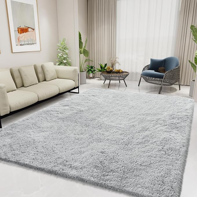 Ultra Soft Fluffy Area Rugs for Bedroom Living Room 10x14, Nursery Rug, Non-Slip Carpet for Kids Dorms Decor, Shaggy Bedside Rug, Light Grey