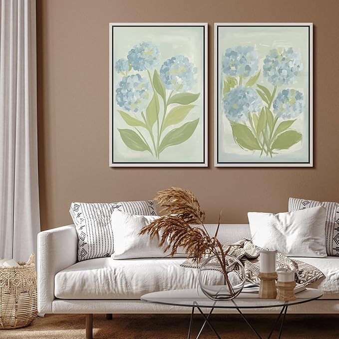SIGNFORD Framed Canvas Print Wall Art Set Soft Hydrangea Pair Light Blue Florals with Green Leaves Illustration Modern Art Decorative Nordic Nature for Living Room, Bedroom, Office - 24"x36"x2 White