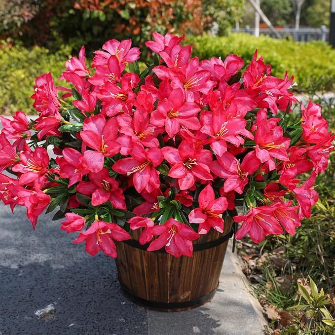 Artificial Flowers for Outdoors, 3 Bundles Fake Silk Azalea Bouquet Faux Flower Plants Outside Decoration UV Resistant Realistic Fake Flowers for Planter Front Door Patio Garden Walkways Home, Hotpink