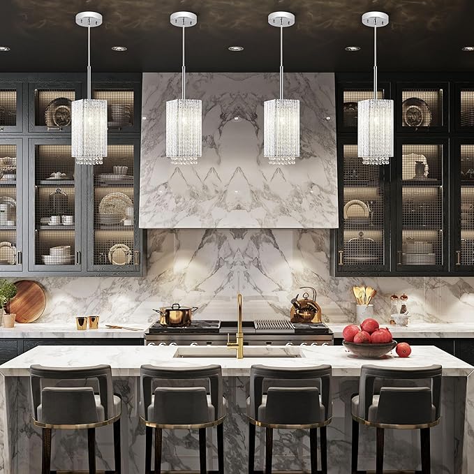 Mini Crystal Chandelier 1 Light Modern Hanging Light Fixture Small Cuboid Chrome Pendant Light for Kitchen Island Dining Room