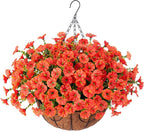 Artificial Fall Flowers Fake Hanging Plants Flowers Basket for Outdoors Autumn Decoration, Orange Silk Morning Glory with Eucalyptus Look Real UV Resistant Faux Flowers for Outside Porch Patio Balcony