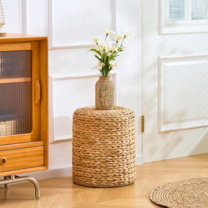 Wimarsbon Round Pouf Ottomans, Handwoven Natural Water Hyacinth Seagrass Pouffe,Outdoor Rattan Stool Accent Seat, Bohemian Coastal Home Decor (14inch Water Hyacinth Braid)