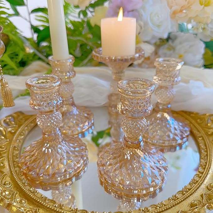 Glass Candlestick Holder,Striped Taper Candle Holders,Set of 6 Candle Stand for Table Centerpieces, Home Decor,Weddings,Festival and Parties (Amber Dimond Pattern)