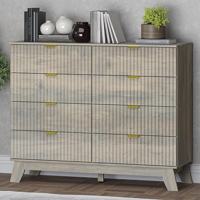 Fluted 8 Drawer Tall Dresser, 47.2" Wide Modern Boho Chest of Drawers, Wooden Storage Dresser TV Stand for Bedroom, Living Room, Closet, Hallway, Curved Profile Design