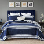 Y-PLWOMEN Quilt King Size - 100% Cotton King Size Bedspread, Navy Blue Striped Quilt for King Bed, Lightweight Reversible All Season, 3-Piece