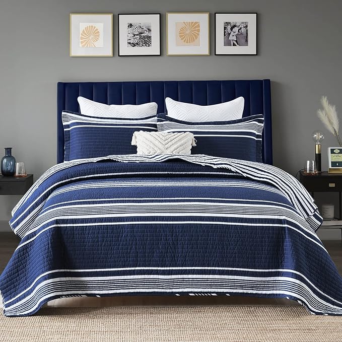 Y-PLWOMEN Quilt King Size - 100% Cotton King Size Bedspread, Navy Blue Striped Quilt for King Bed, Lightweight Reversible All Season, 3-Piece
