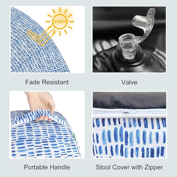 LVTXIII Outdoor Inflatable Ottoman Stool, Patio Water Repellent Footrest Stool with Handle, Portable Outside Round Ottoman for Patio Garden, Camping or Home Use, 21"x21"x9", Blue Pebble