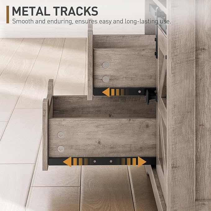 Farmhouse End Table with Charging Station, Sofa Side Table with 2 Drawers and Barn Door, Rustic Wooden Nightstand Bedside Table for Bedroom, Living Room, Greige