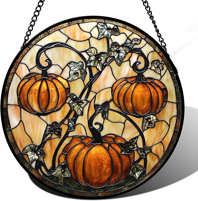 Stained Glass Window Hanging - Halloween Decoration Orange Pumpkin Vine Leaves Suncatcher for Door Garden Spooky Sun Catchers Gothic Decor Horror Gifts for Women Men Friend Boy Girl 6.3 in