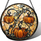 Stained Glass Window Hanging - Halloween Decoration Orange Pumpkin Vine Leaves Suncatcher for Door Garden Spooky Sun Catchers Gothic Decor Horror Gifts for Women Men Friend Boy Girl 7.8 in