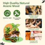 IDZO Set of 3 Wooden Flower Boxes Outdoor, Durable Acacia Wood Barrel Planters for Outdoor Plants with Ergonomic Handles, Drainage Holes, Multiple Sizes Wood Bucket Planter for Home Décor
