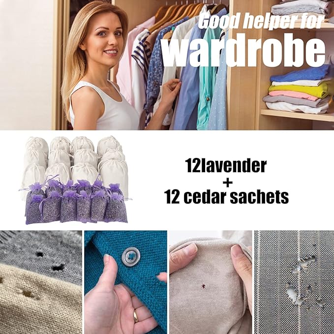 Cedar Space Lavender Sachet Bags for Drawers and Closets(24 Pack),Potpourri Bags,Dried Lavender Flowers,Cedar Blocks for Clothes Storage Scent Air Freshener, Cedar Chips Lavendar for Home Fragrance