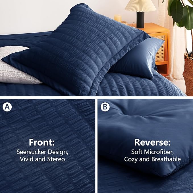 CozyLux King Size Comforter Set Navy Blue Seersucker 7 Pieces Bed in a Bag King Comforter Set with Sheets, Luxury Bedding Set with Down Alternative Comforter, Sheets, Pillowcases & Shams All Seasons