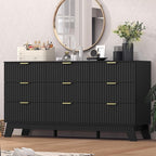 Fluted Black Dresser for Bedroom,9 Drawer Dresser for Closet,57" Wide Storage Cabinet and Chest of Drawers with Gold Handle,TV Stand,Storage Organizer for Living Room,Hallway,Entryway