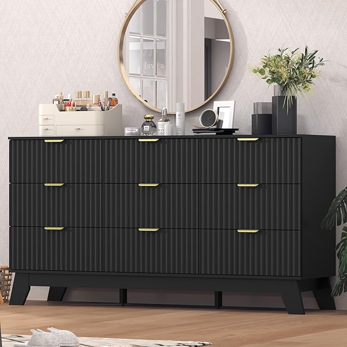 Fluted Black Dresser for Bedroom,9 Drawer Dresser for Closet,57" Wide Storage Cabinet and Chest of Drawers with Gold Handle,TV Stand,Storage Organizer for Living Room,Hallway,Entryway