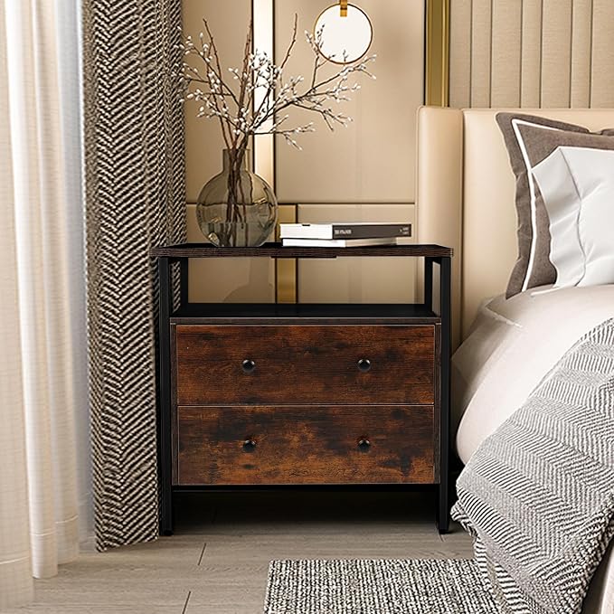 27 inch Wide Night Stand Set 2 with Charging Station, Bedside Table with Open Shelf, 2 Drawers Small Wood Dresser, Modern Wood Nightstand for Bedroom/Living Room (Rustic Brown)