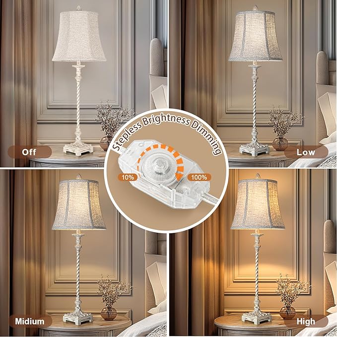 LuxSight European Country Vintage Style Candle Stick Buffet Table Lamps Set of 2, 33'' Tall Ivory White Linen Fabric Soft Bell Shade Stepless Dimming for Living Room Bedroom Dinning House Study Room