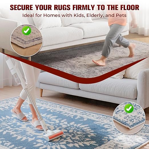 Carpet Tape Double Sided, Heavy Duty Rug Tape for Hardwood Floors, Non-Slip Carpet Adhesive Tape for Area Rugs, Strong Grip, No Residue