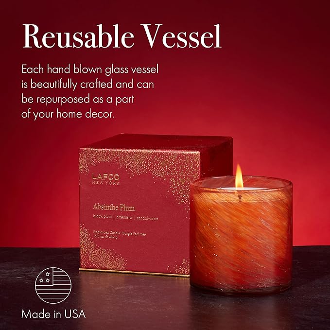 LAFCO New York Holiday Signature Candle, Absinthe Plum - 15.5 oz - 90-Hour Burn Time - Reusable, Hand Blown Glass Vessel - Made in The USA