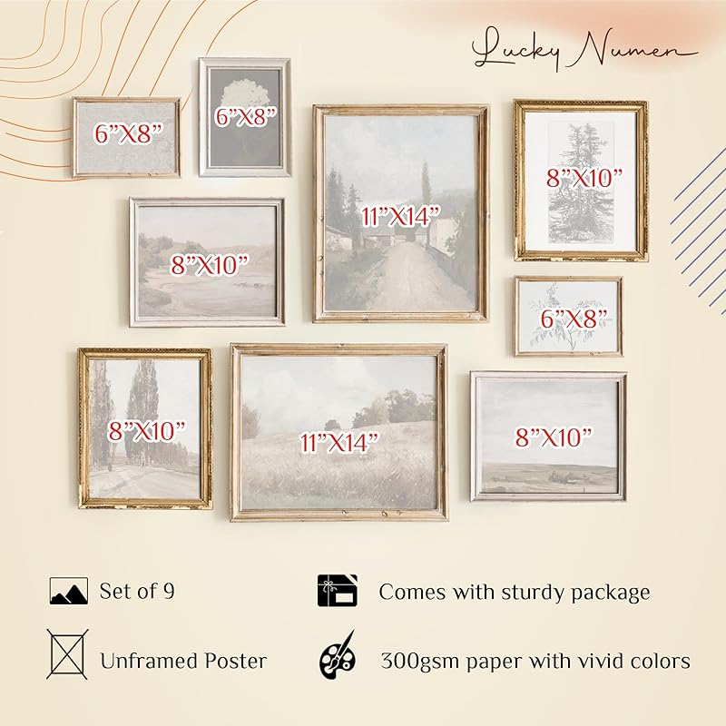 Vintage Landscape Wall Art - Set 9 French Country Vintage Antique Warm Aesthetic Gallery Wall Art, Sketch Poster Farmhouse Wall Decor Vintage Prints Wall Decor, Country Wall Art(11X14 IN UNFRAMED)