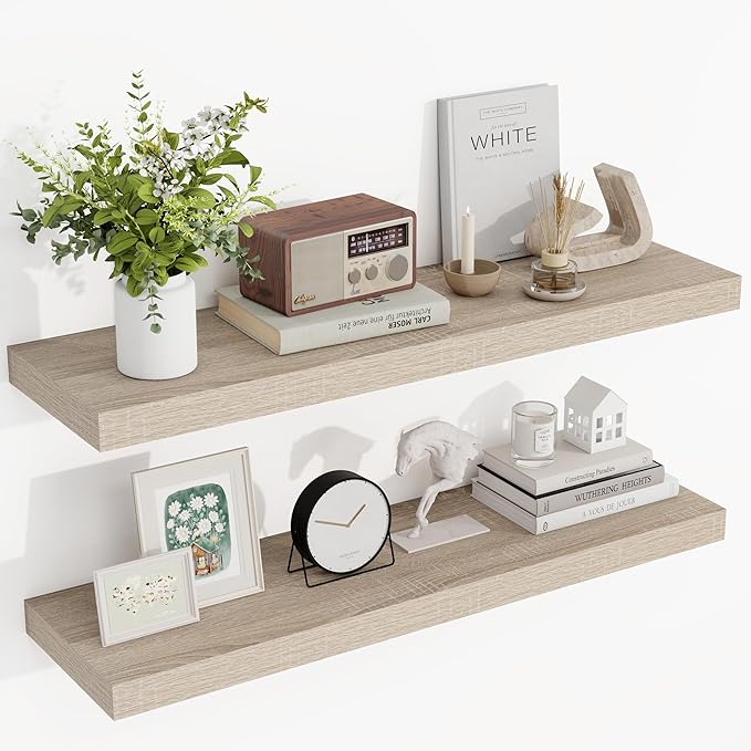 36 Inch Floating Shelves, 3D Textured Wood Grain, 36"x9.25"x1.5" Inch Deep Floating Shelves for Wall, Wooden Shelves for Bathroom, Bedroom, Living Room, Vintage White Oak