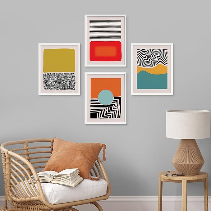 SIGNWIN Framed Mid-Century Modern 1980s Geometric Wall Art, Set of 4 Color Blocks Wall Decor Prints, Nature Wilderness Wall Décor for Living Room, Bedroom - 11"x14"White