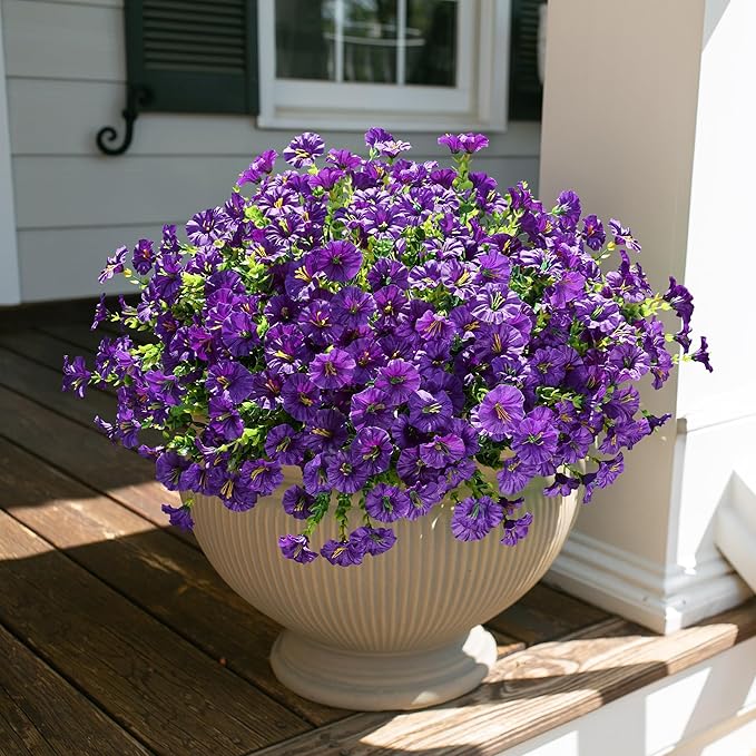 HyeFlora Artificial Flowers for Outdoors Fake Plants Outside Decoration, 12 Bundles Silk Purple Morning Glory with Eucalyptus UV Resistant Look Real Faux Flower for Planter Front Door Porch Patio Yard