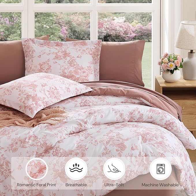 King Comforter Set -7 Pieces Pink Floral Comforter Set for All Seasons, Bed in a Bag King with Botanical Flowers Comforter, Sheets, Pillowcases & Shams